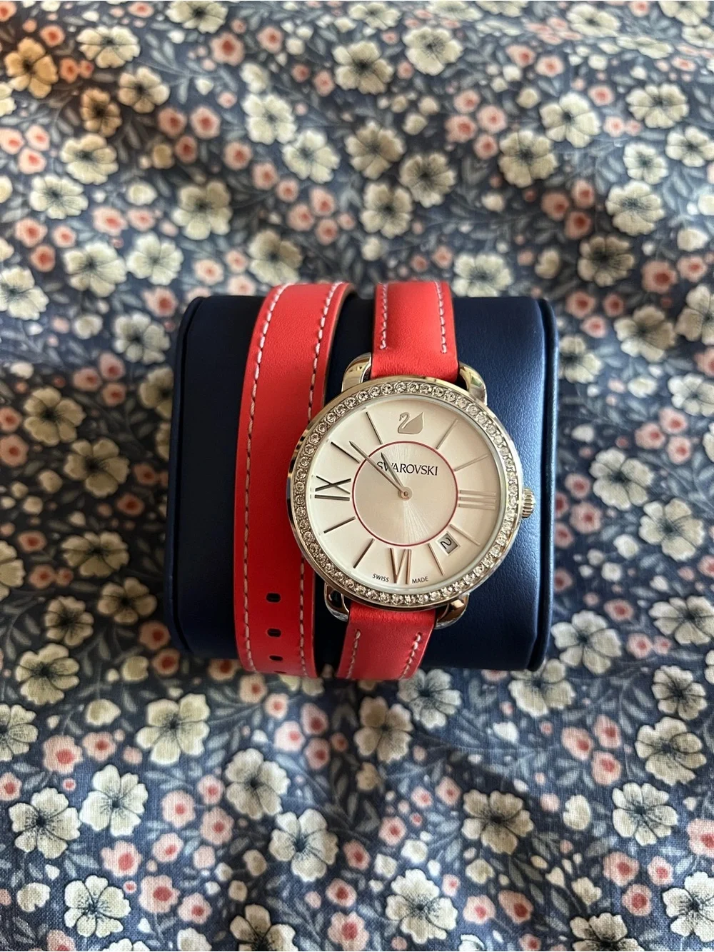 NWT IN BOX Swarovski Red Double Leather Strap Crystal-Set Women’s Watch